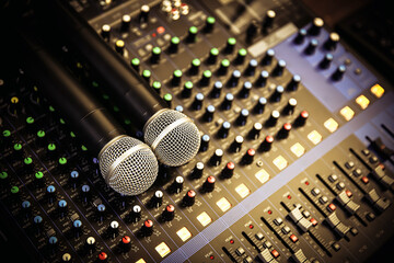 Close-up microphone and sound mixer in studio for sound record control system and audio equipment and music instrument