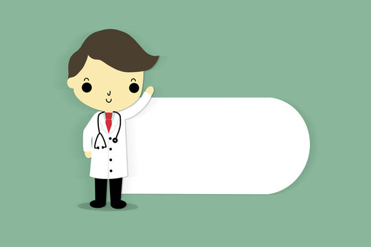 Doctor and banner on blue background.
