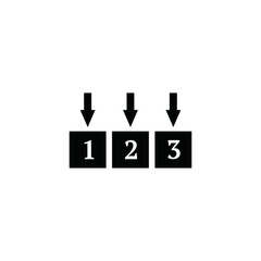 file download icon with a sequence of numbers 1 2 and 3 with a black box file and a downward direction above it with a white background