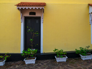 Fototapeta na wymiar Yellow wall and black wooden door