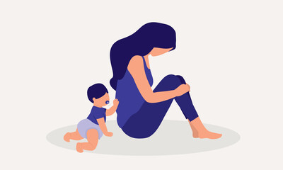 Obraz na płótnie Canvas Anxiety Mother Struggle With Postpartum Depression And Neglecting Her Child.