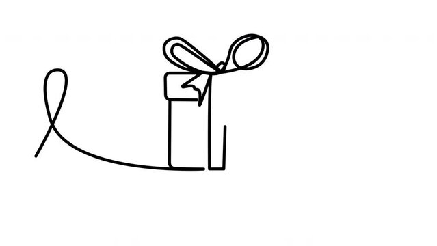 Gift box self drawing animation. Red ribbon. Line art.