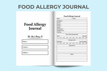 Food allergy journal KDP interior. Food allergy symptoms and pain level tracker log book template. KDP interior notebook. Daily food routine and allergy medication logbook interior.