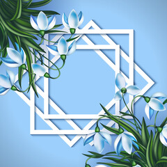 Snowdrops with paper cutout frames. Illustration of spring snowdrop flowers with paper cutout geometric frames

