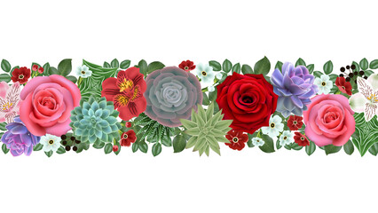 Floral card template. Illustration of floral card templates with roses, succulents, primroses and alstroemeria flowers
