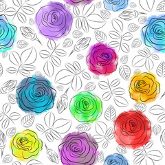 Floral rose pattern. Illustration of pattern from colorful rose outlines. Black outlines are seamless 
