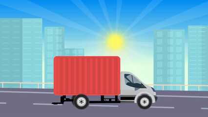A delivery truck on the urban road flat design. Home delivery service concept with a delivery van. Online order concept with tall buildings and shiny sun. Delivery van on a highway flat illustration.
