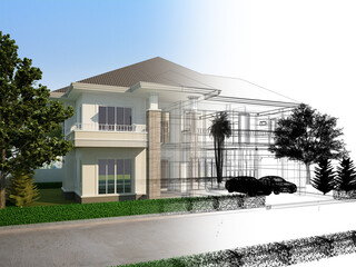 Fototapeta na wymiar sketch design of house ,3d rendering