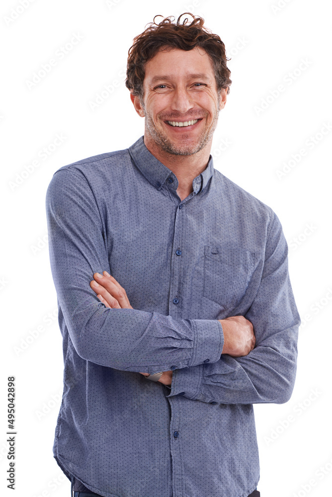 Sticker Hes got that genuine sorta smile. Studio portrait of a handsome young man on a white background.