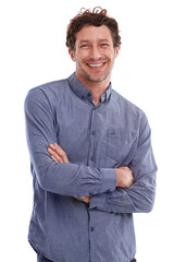 Hes got that genuine sorta smile. Studio portrait of a handsome young man on a white background.
