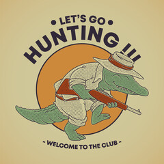Retro emblem of cartoon crocodile the hunter
