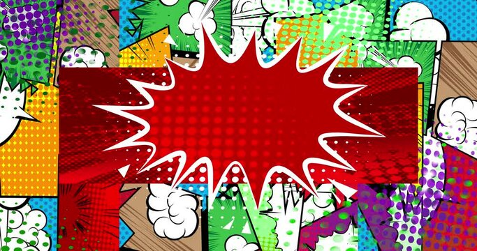 Comic book Speech bubble animation in pop art, comics style. Retro manga cartoon elements moving on colorful background.
