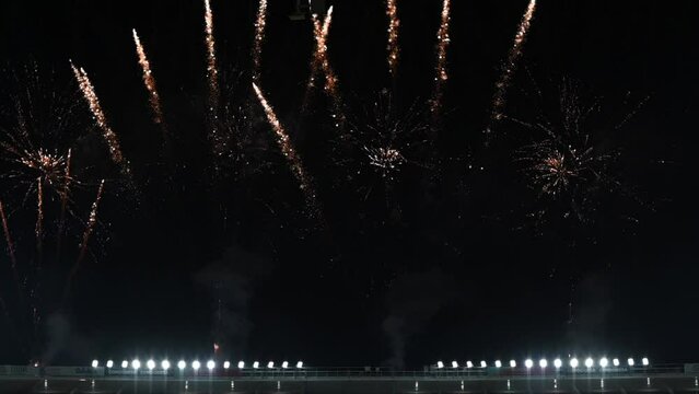 fireworks in slow motion in football stadium 
