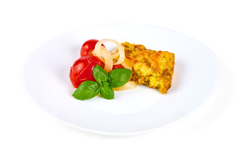 Homemade Cheesy Hashbrown Casserole with Potatoes and Cream, isolated on white background.