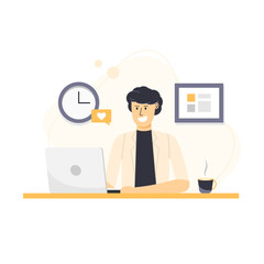 Cute woman character working from home online with laptop. Social distancing and quarantine during the pandemic period concept design. Vector illustration in flat cartoon style.