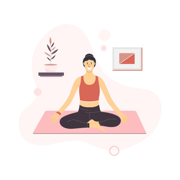 Cute woman practicing yoga and enjoying meditation. Social distancing and quarantine stay at home during the pandemic period concept design. Vector illustration in flat cartoon style.