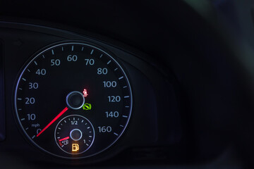 Empty fuel warning light in car dashboard. Fuel pump icon. gasoline gauge dash board in car with digital warning sign of run out of fuel turn on. Low level of fuel show on speedometer dashboard.