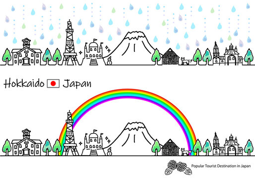 梅雨の北海道の観光地の街並シンプル手描き線画セット