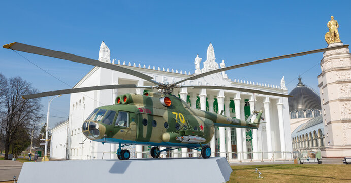 MOSCOW, RUSSIA - APRIL 14, 2022: Soviet multi-purpose Mi-8 helicopter at the Transport pavilion on a sunny April day. All-Russia Exhibition Center (VDNH)