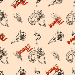 Seamless pattern in tattoo style. Print with bones and skulls on a beige background