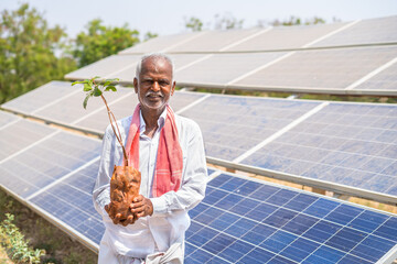 Handheld shot Indian farmer holding plant in hand in front of solar planel at farmland - concept...