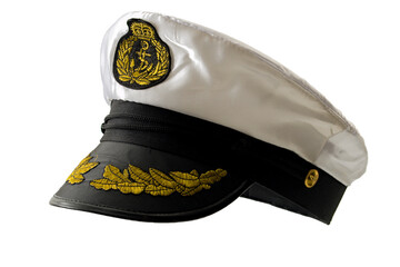 Maritime authority, naval command staff and officer uniform concept with formal ship captain cap and badge isolated on white background with clipping path cutout - 495047634