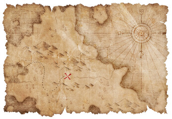 pirates map with red treasures mark isolated