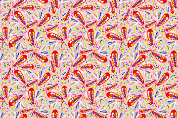 Seamless wallpaper with multicolored guppy patterns on a light pink background. - obrazy, fototapety, plakaty