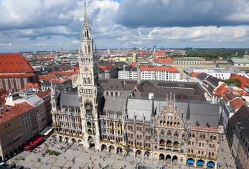 Munich square called Marienplatz seen from above with the great Town Hall and the view of the roofs