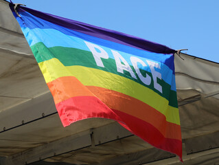 flag with the Italian word PACE which means peace and symbolizes non-violence and no war