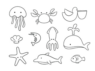 Doodle set of sea creatures on white background. Cute doodle line objects for kids that can use in commercial products and merchandise.