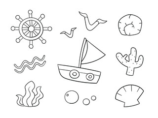 Doodle set of sea objects on white background. Cute doodle line objects for kids that can use in commercial products and merchandise.