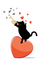 Black cat play on trumpet on heart © AnnaPa