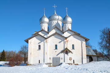 Church of Boris and Gleb in Plotniki (1536) on a sunny March day. Veliky Novgorod, Russia