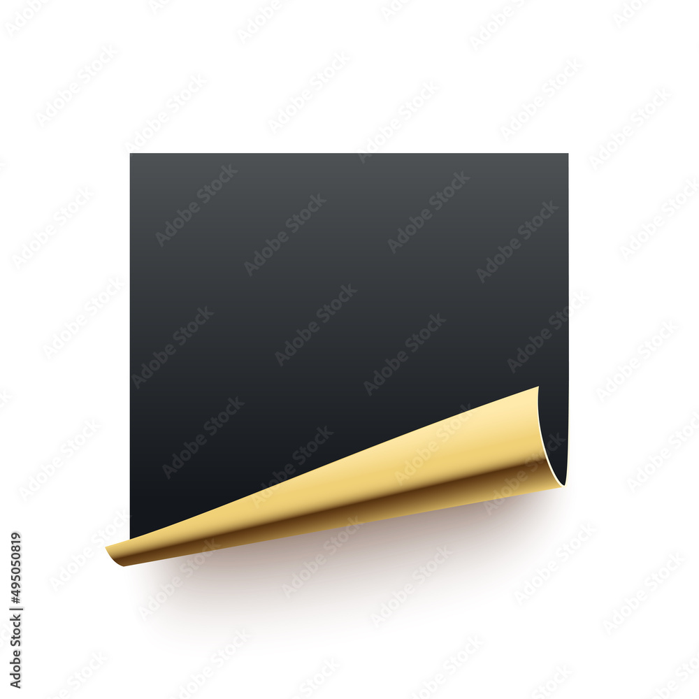 Poster black paper sticker vector illustration. realistic 3d curl page with golden rolled corner of square 