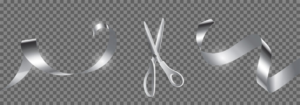Metal scissors cut silver ribbon realistic illustration. Grand opening ceremony symbols, 3d accessories on transparent background. Traditional ritual before launching new business, campaign