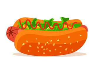 Delicious hotdog sandwich snack with sausage, salad leaves, ketchup isolated on white background. Vector street fast food menu icon for restaurant, cafe or bistro.