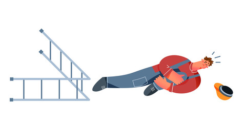 Warehouse dangerous accident with man, emergency at storage workplace vector illustration. Cartoon worker lying on floor with injured leg near stepladder isolated on white background.