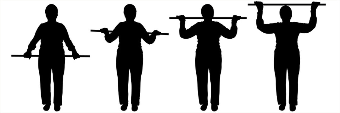 An elderly woman in her 80s is exercising. Sport. Four positions of one silhouette: smooth lifting of a gymnastic stick by a person. Poses for animation. Black female silhouette isolated on white.