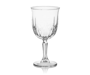 Empty transparent glass cup, shot glass, glass for wine, whiskey, cognac, martini, beer, juice and other drinks, isolated on white background. Dishes for bar, restaurant, pub.