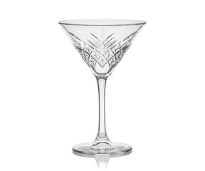 Empty transparent glass cup, shot glass, glass for wine, whiskey, cognac, martini, beer, juice and other drinks, isolated on white background. Dishes for bar, restaurant, pub.