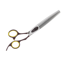 Scissors for cutting people and pets. Grooming scissors. Closed scissors on a white isolated background. Side view.
