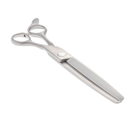 Scissors for cutting people and pets. Grooming scissors. Closed scissors on a white isolated background. Angle view.