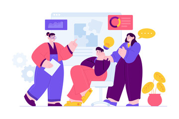 Business Teamwork concept vector Illustration idea for landing page template, a puzzle as effective team collaboration process, active, busy and dynamic assistance help group. Hand drawn Flat Style