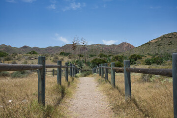 Fototapeta na wymiar Trails between mountains of Cabo de Gata, Almeria, Spain