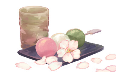 Obraz na płótnie Canvas 春の桜びらに三色団子とお茶