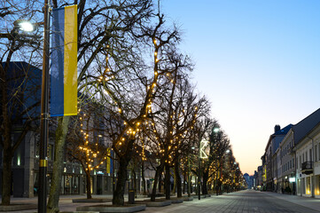 Flag of Ukraine, symbol of freedom. Freedom Avenue in Kaunas, Lithuania. Decorated with flags. Blue and yellow Lithuanian support for Ukraine.