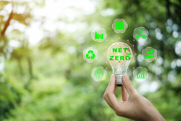 CO2 Net-Zero Emission - Carbon Neutrality concept. Hand holding light bulb with Net-Zero icons. ...