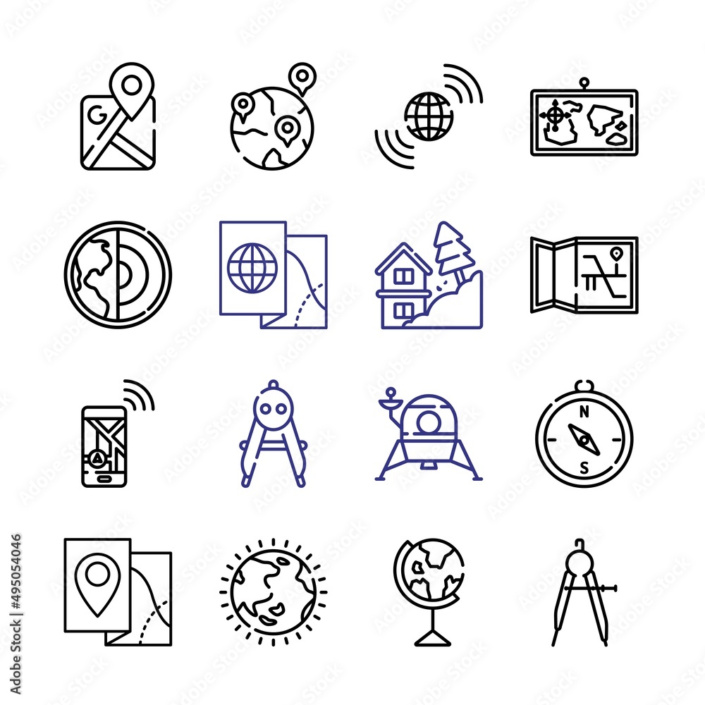 Poster geography icon set with line icons. modern thin line style. suitable for web and mobile icon. vector