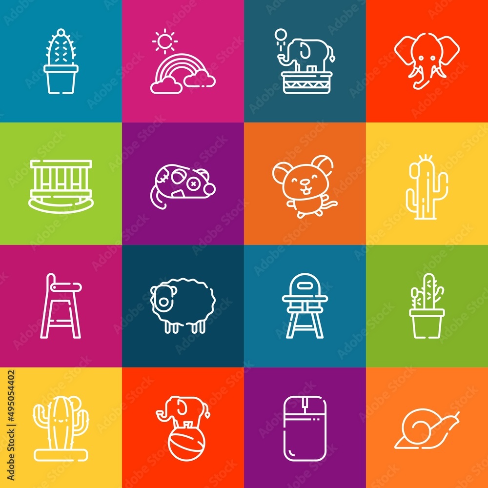 Poster modern thin line icons set of nursery elements. premium quality outline symbol collection. simple mo